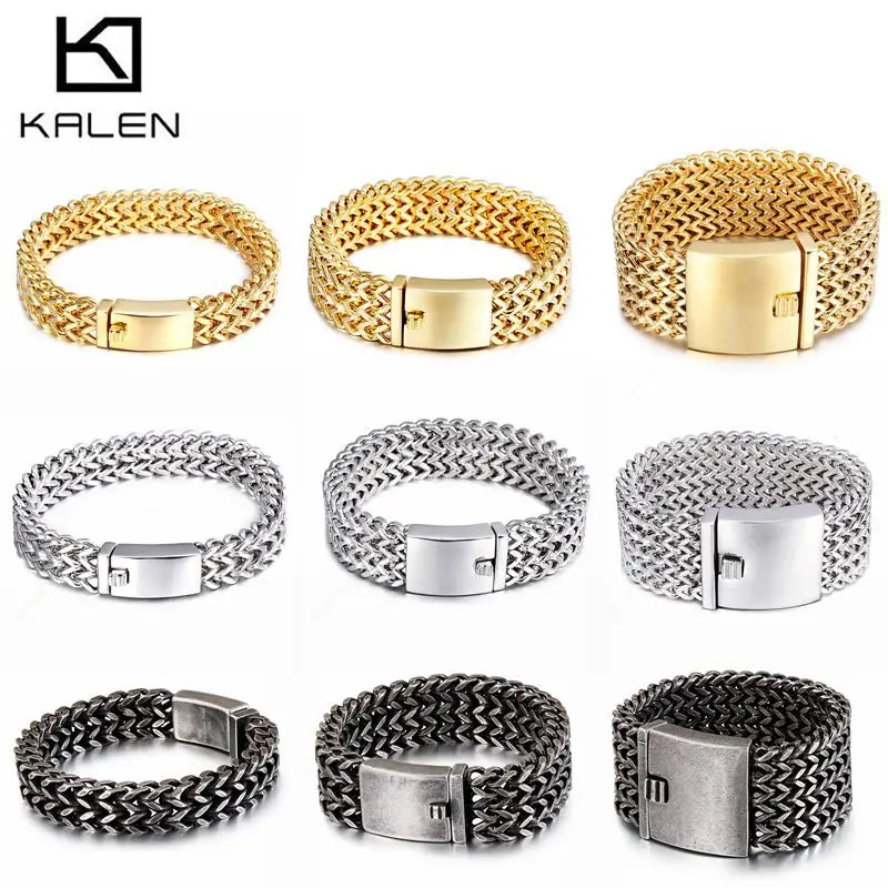 New Stainless Steel Link Chain Bracelets High Polished Dubai Gold Color Mesh Bracelets Men Cool Jewelry Accessories Gifts