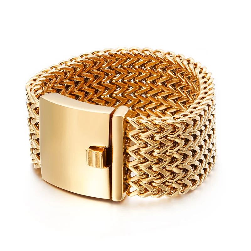 New Stainless Steel Link Chain Bracelets High Polished Dubai Gold Color Mesh Bracelets Men Cool Jewelry Accessories Gifts